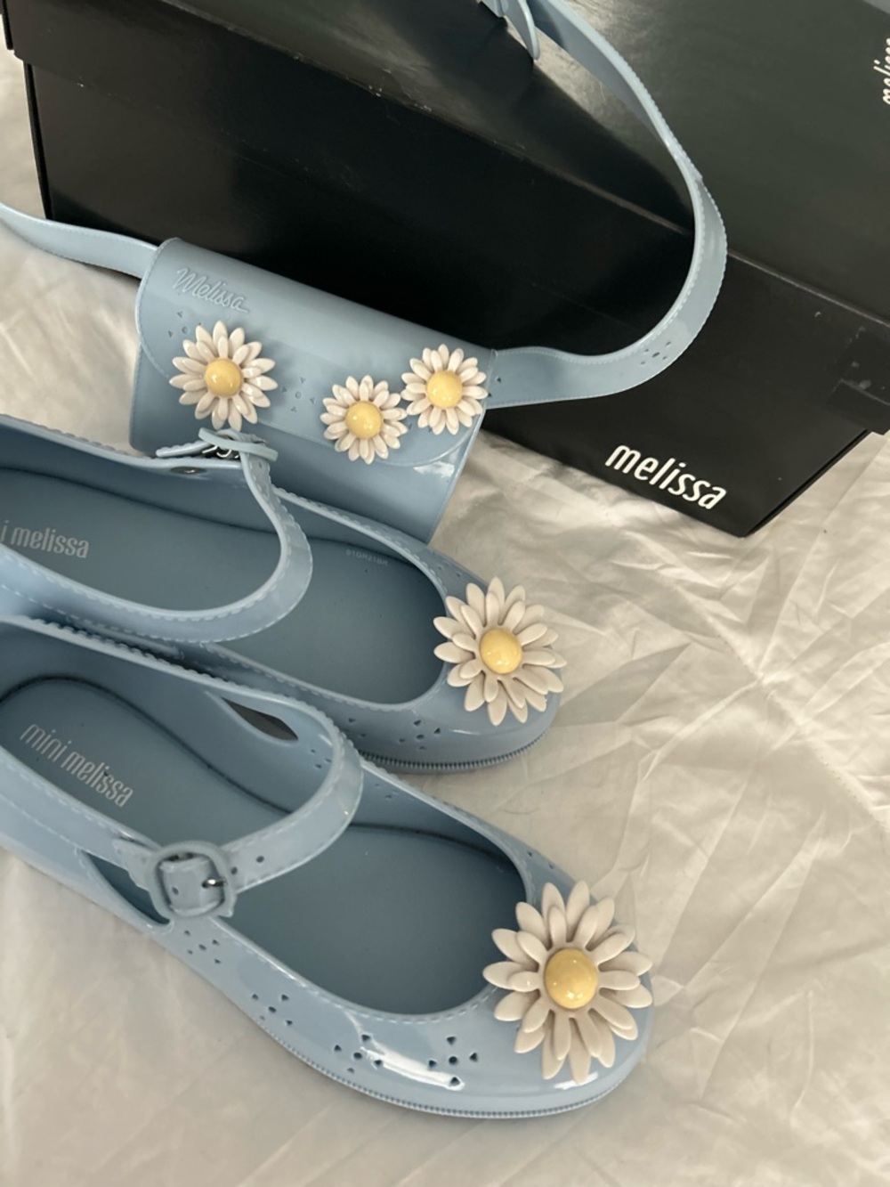 Mini Melissa Light Blue Daisy Mary Jane Shoes and bag